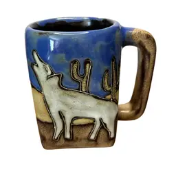 Mara Of Mexico Square Bottom Stoneware Howling Wolf/ Coyote With Cactus Design Hand Painted Mug @ 4 1/2” Tall