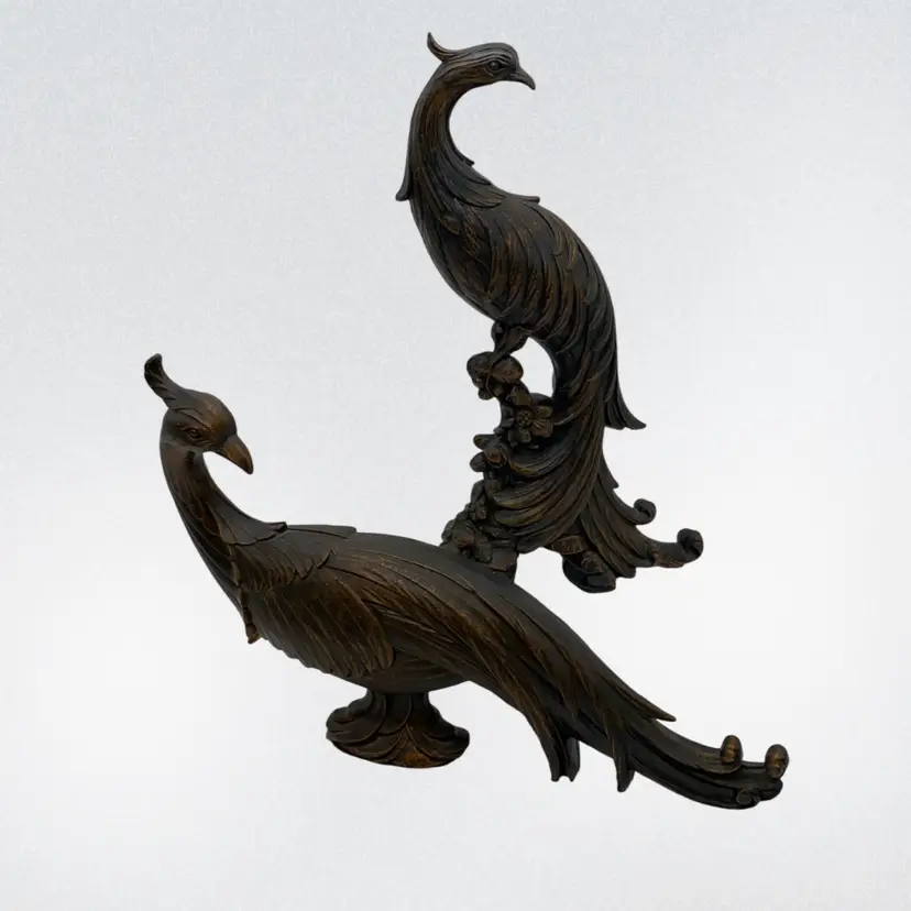 #1448 Pair of Hollywood Regency Coppercraft resin peacock figurines.