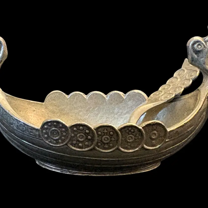 Vintage Norwegian HANDSTOPT TPB TINN Pewter Viking Ship Salt Cellar W/ Spoon