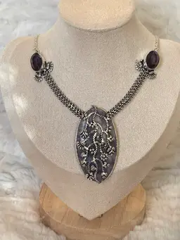 Boho Statement Necklace Purple Acrylic Pendant 18”