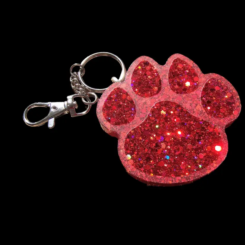 Dog Paw Ruby Red Glitter Keychain Bag Clip. Handmade By Me! High Quality Resin. 6" overall length; Paw 2-1/2" x 2-1/2" x 3/8".