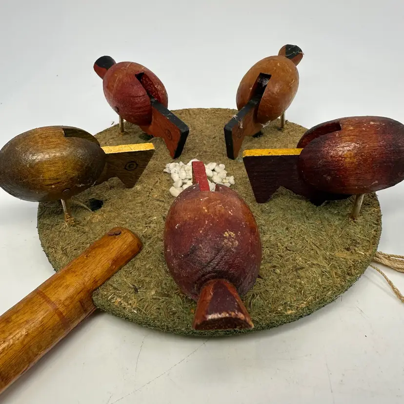 Vintage Folk Art Wooden Pecking Chicken Paddle Toy