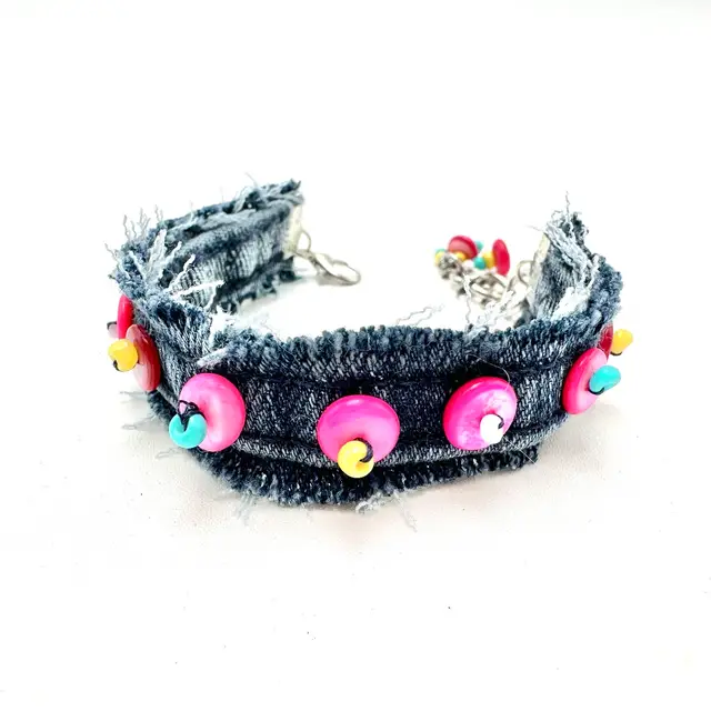 Pink Multicolor Beaded Denim Bracelet Made By Me Silver Tone 8”L Adjustable