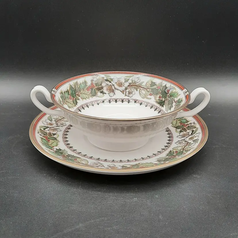 Spode Christmas Rose Footed Cream Soup Bowl w/Saucer Underplate England NEW