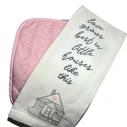 Valentines Decor - One Pink Hot Pad - 100% Cotton And One Sayings Dish/ Hand Towel 100% Cotton