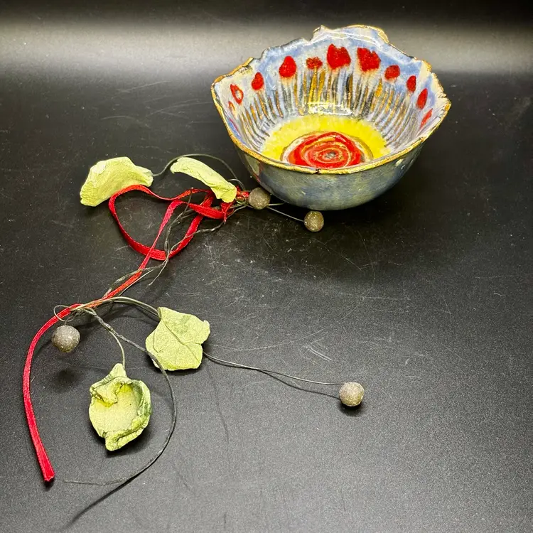 Artisan Made Studio Art Pottery Rosebud with Leaves Dish 1.5”x3.75”x10”