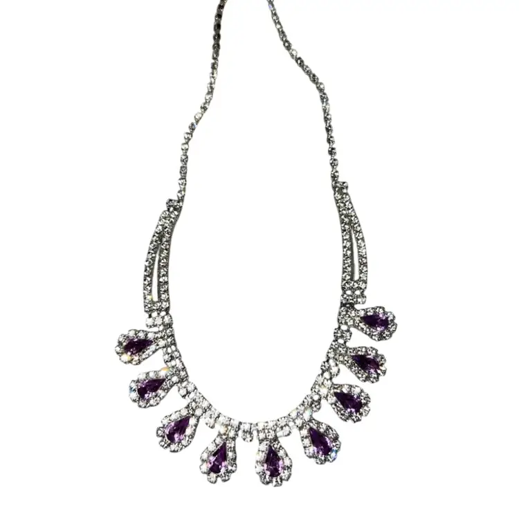 1950s Rhinestone Necklace Clear & Pink Stones Hallmarked Adjustable Length