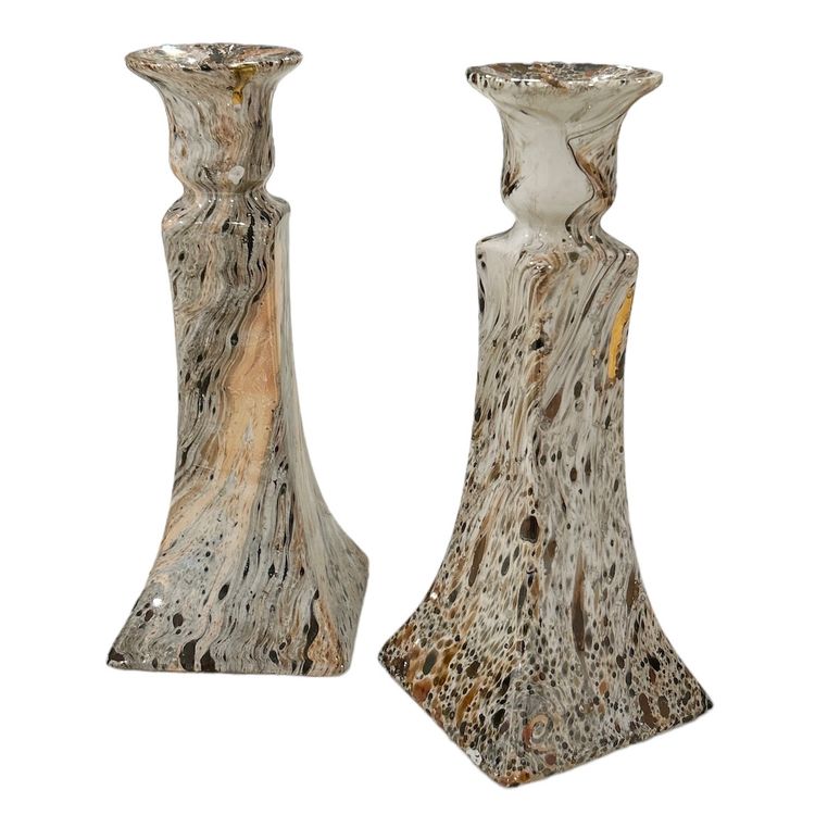 Pair of Vintage Haeger Swirl Tan and White Swirl Glazed Candlestick Holders