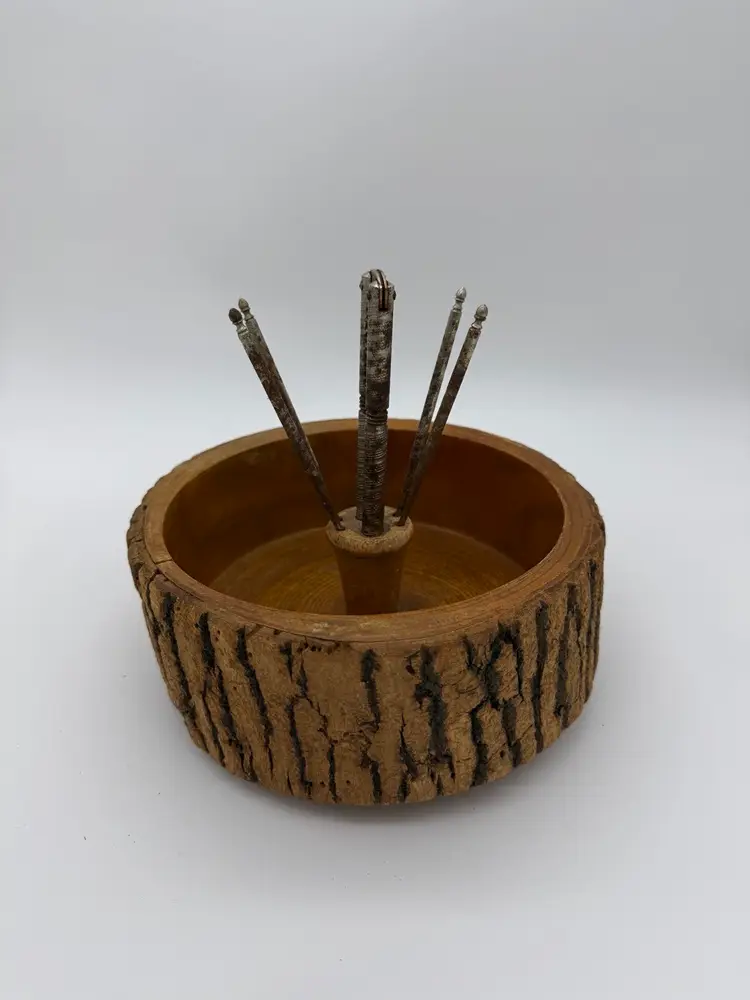 Vintage Retro Wooden Nut Bowl Bark Edge With HMQ Nut Cracking Tools 6pc Set