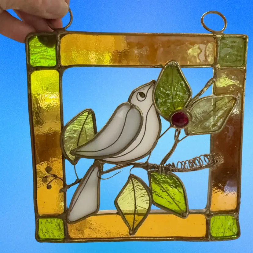Stained Glass Frame, Bird, Leaves And Berries 7” Square