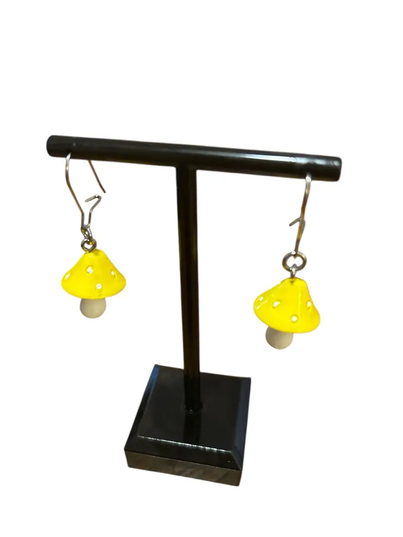 Handmade Colorful Mushroom Earrings Yellow – Cottagecore Dangle Jewelry with Stainless Steel Hooks