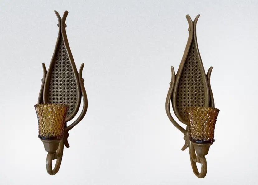 Vintage Homco Wall Sconces Set Of 2 Harvest Gold Glass Candle Holders
