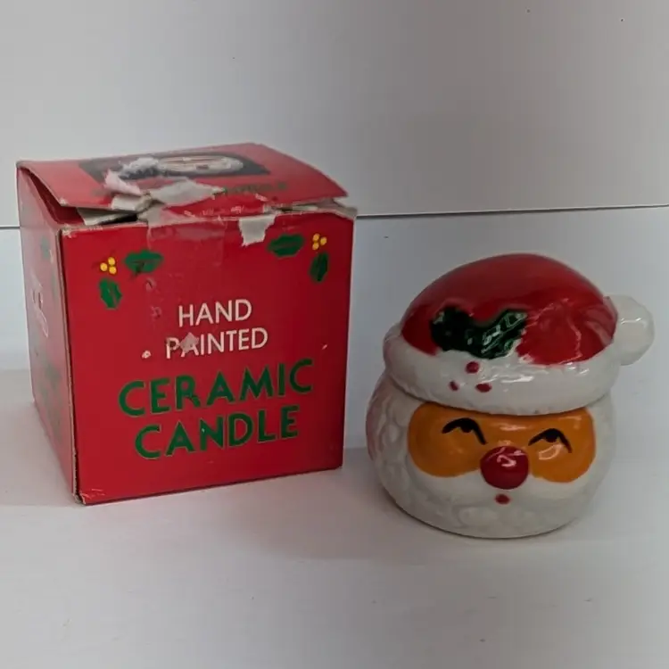 Vintage Christmas Mini Santa Claus Ceramic Candle Holder Hat Lid Hand Painted