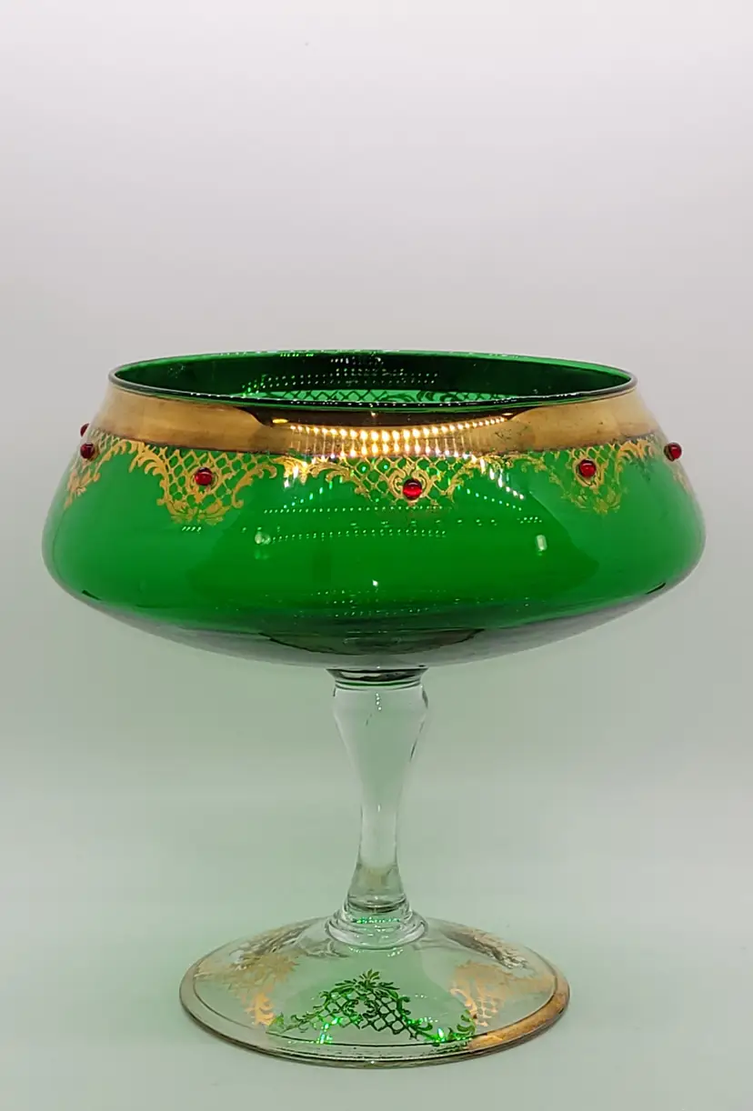 Boho Green Jeweled  Blown Glass Compote