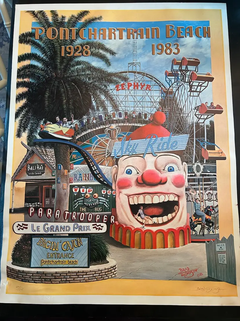 Vintage Pontchartrain Beach 1983 Poster Signed By Artist Brad Thompson Man Cave Decor