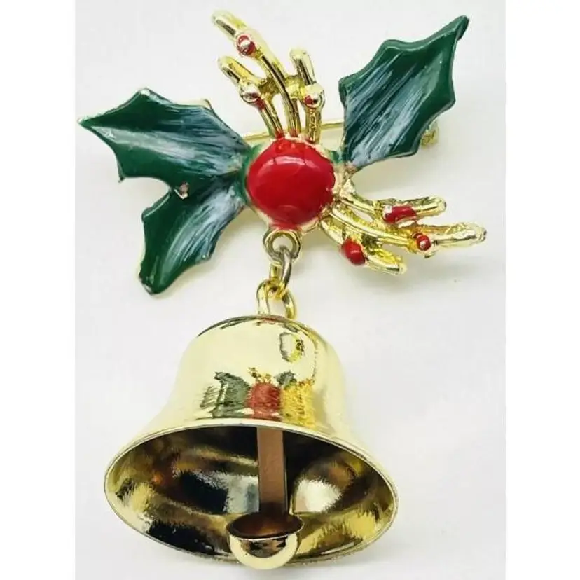 Vintage Holly and Bell Christmas Brooch 7507
