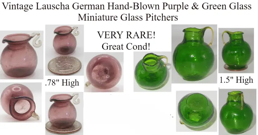 RARE Miniature Lauscha German Blown Art Glass Pitchers, Winner's Choice, Purple OR Green