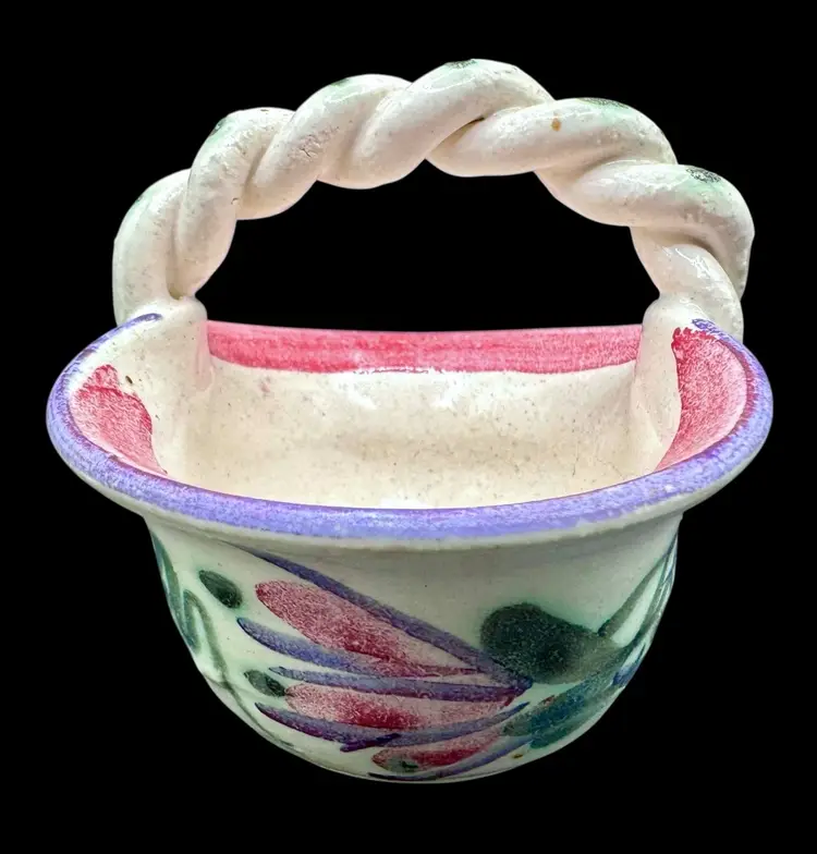 Signed Studio Art Pottery Small Mini Basket Bowl Pink Purple Green Floral 3.5”
