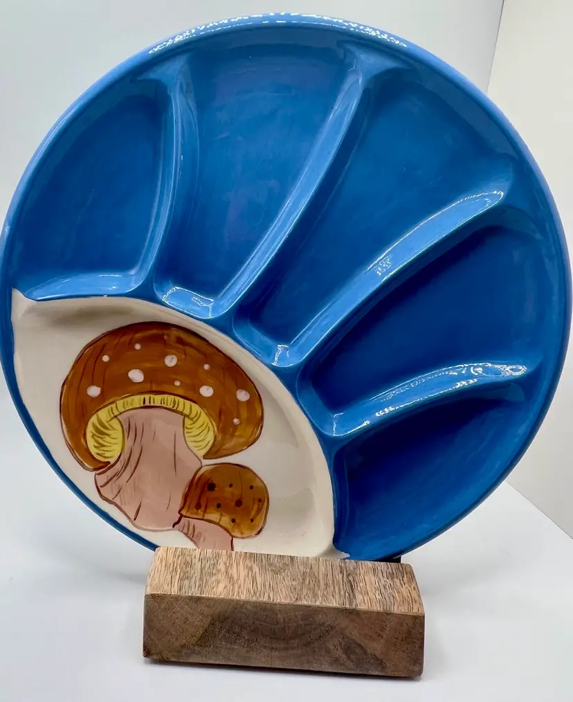 Mushroom Divided Plate Platter Fondue Vintage Blue