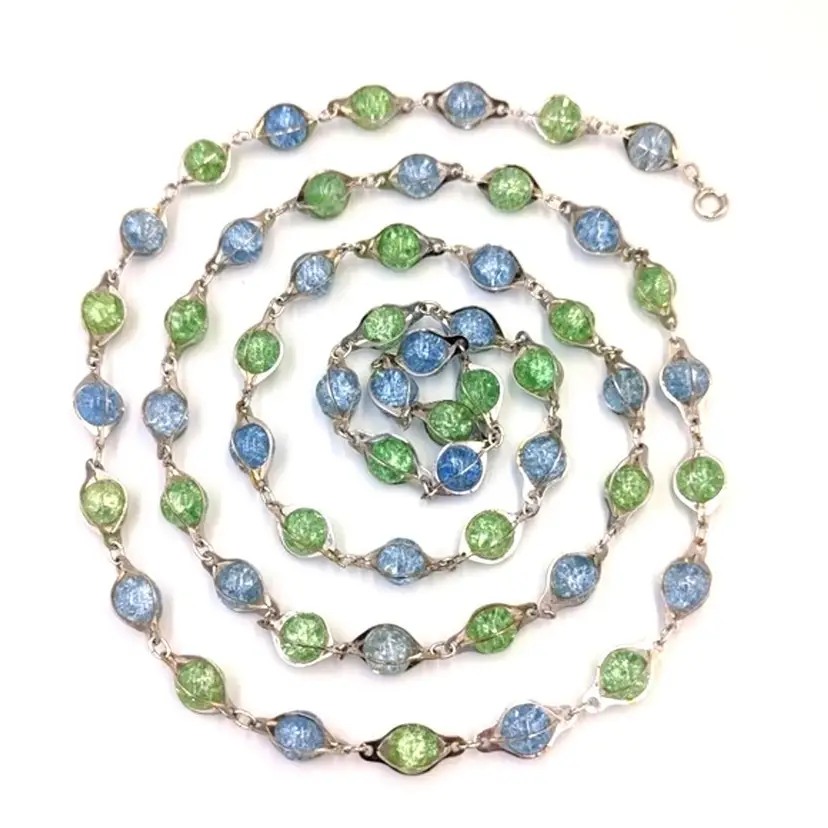 Beautiful Vintage Crackle Blue & Green Glass Beads Silver Tone Long Necklace 48"