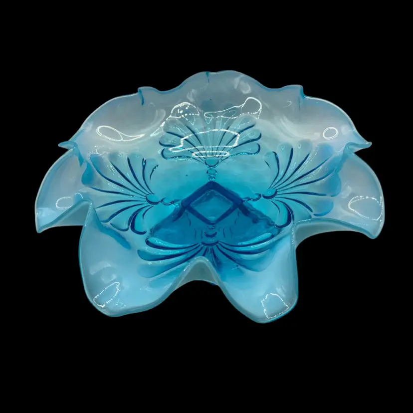 Jefferson Northwood  Blue Opalescent Ruffled Compote! 9” Wide x 3 1/2” tall! UV Reactive! Glow 😎