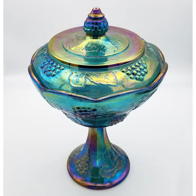 #008 - Indiana Glass Blue Harvest Grape Carnival Glass Compote Pedestal Dish w/ Lid