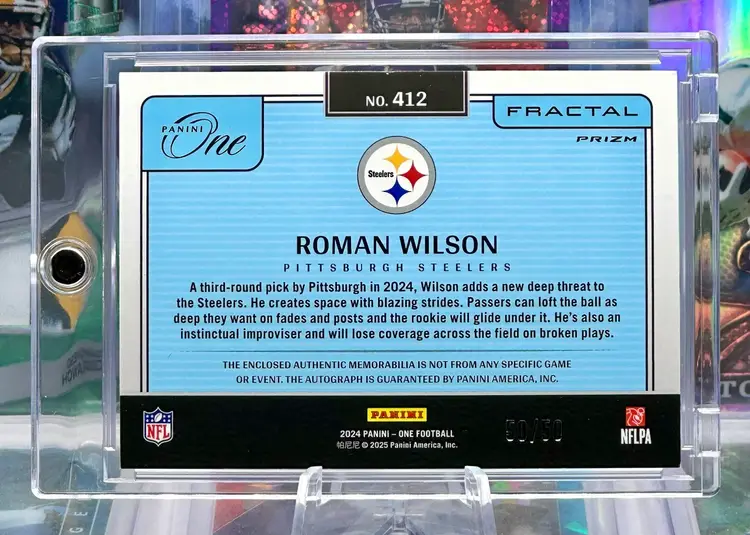 Roman Wilson 2024 One Rookie RPA 50/50 AUTO Autograph ON CARD Prizm Patch Pittsburgh Steelers