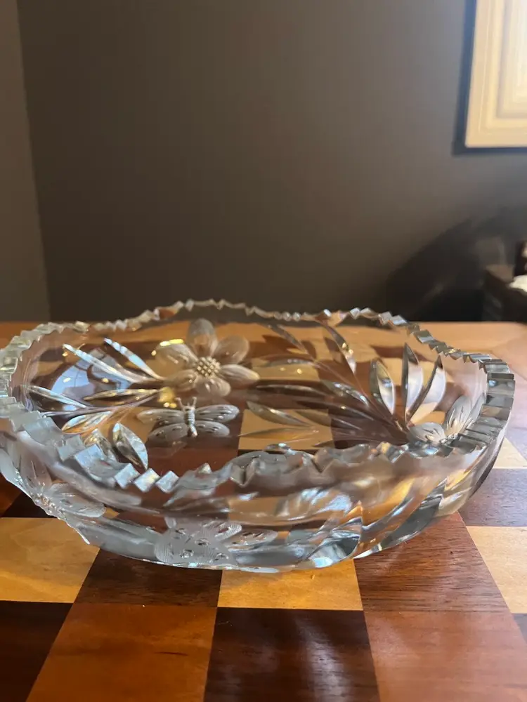 Antique American Brilliant Cut Glass bowl with floral and butterfly motifs. Saw Tooth Edge .Circa 1900-1910 - 8.5” Wx 2” H
