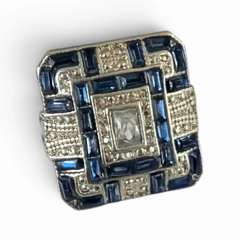 925 Sterling Silver Sapphire Colored Blue Rhinestone Square Statement Ring - Size 7