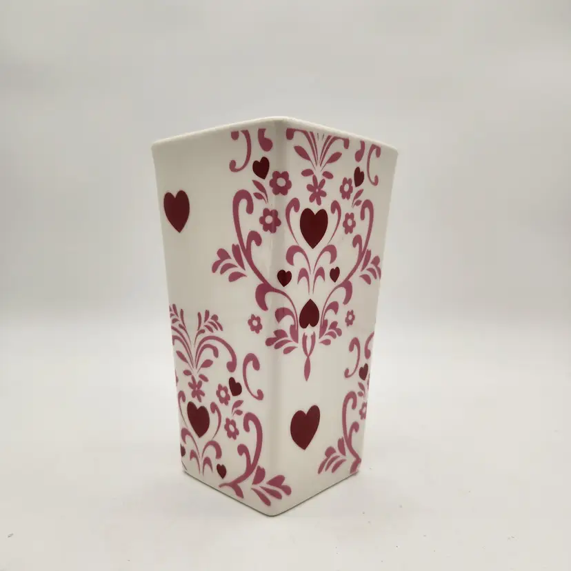 ProFlowers White Square Tall Vase Burgundy Hearts Pink Scrollwork Valentines Day