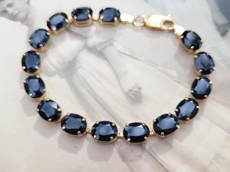 Vintage 10k Yellow Gold Large Blue Sapphire Tennis Bracelet - 7.4" -  11.6g