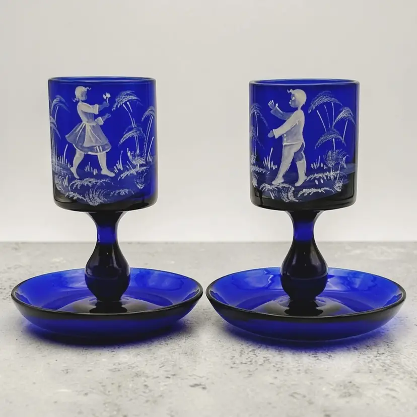 Vtg Italian Murano Sent Labeled Art Glass Blue Candle Holders Mary Gregory Style