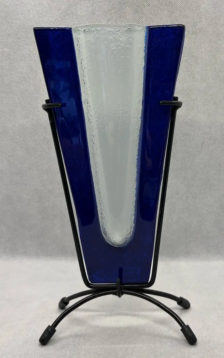 Fused Modern Art Glass Vase In Metal Stand Cobalt And Clear Frosted Unbranded
