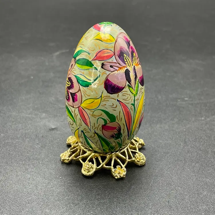 Wooden Hand Painted Egg on Metal Stand Floral Iris Spring Easter Holiday VTG