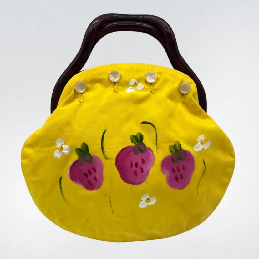 BTT - Vintage 1970s De’Lanthe Hand Painted Strawberry Purse Lucite Handles - As Is