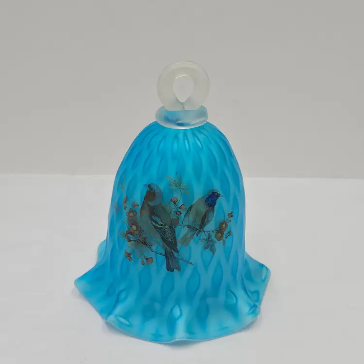 Murano Venetian Blue Satin Optic Diamond Quilt Glass Bell with Birds