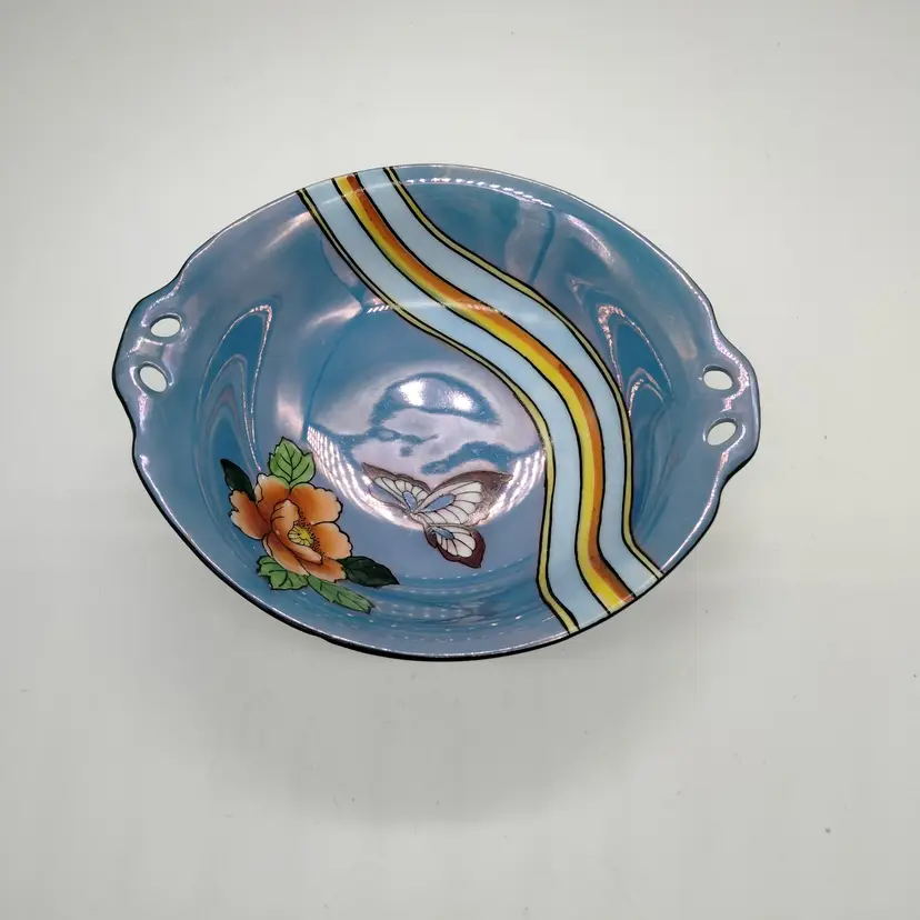 Antique Noritake Morimura Art Deco Lusterware 7" Handled Bowl  Flower & Butterfly.