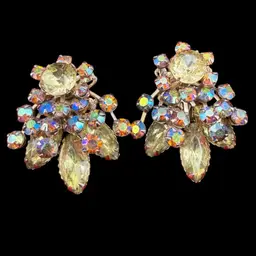 vintage gold-tone clip-on earrings featuring aurora borealis rhinestones