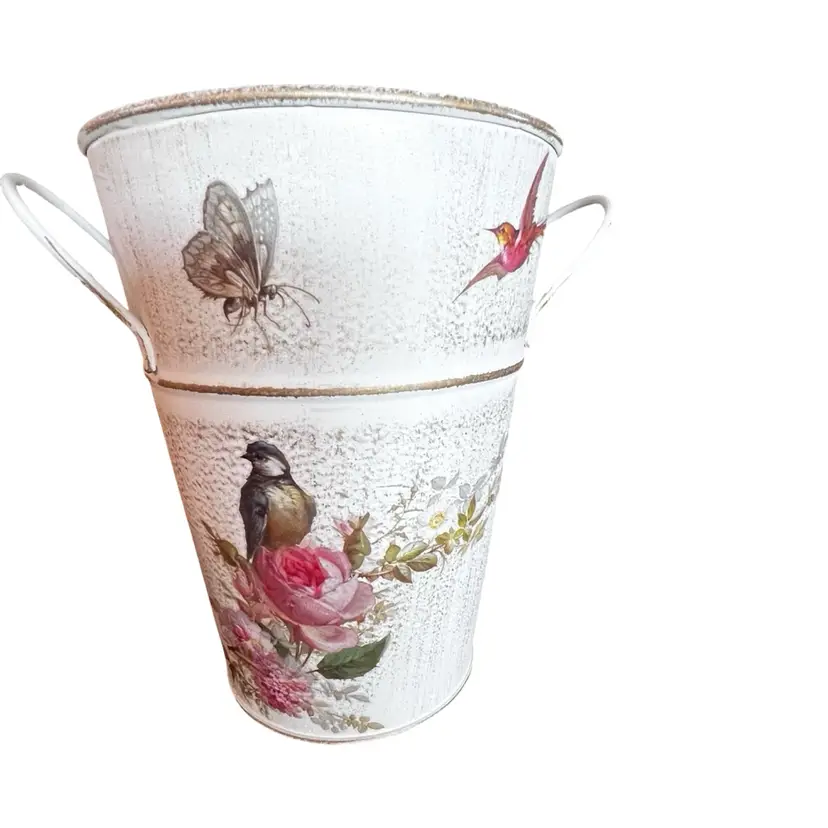 UpCycled By Me, Galvanized, Metal Bird Floral Bucket Pail Planter Farmhouse BOHO Home Decor