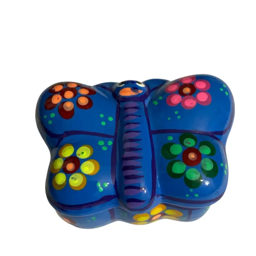 Colorful Blue Glowy Ceramic Butterfly Jewelry Box Mexican Folk Art Talavera 4” By 2.75”