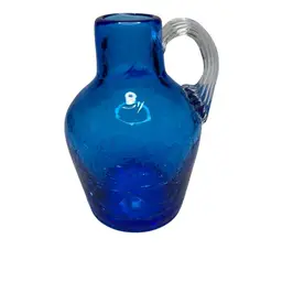 Vintage Cobalt Blue Crackle Glass Mini Jug With Clear Applied Handle @ 4” Tall