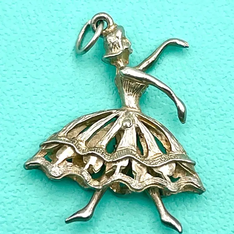 Vintage Ballerina with Moving Legs Sterling Silver Pendant Charm - large, RARE