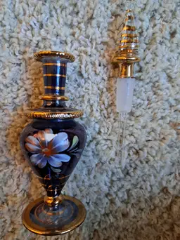 Vintage Egyptian Glass perfume Bottle with gold Etching /dabber