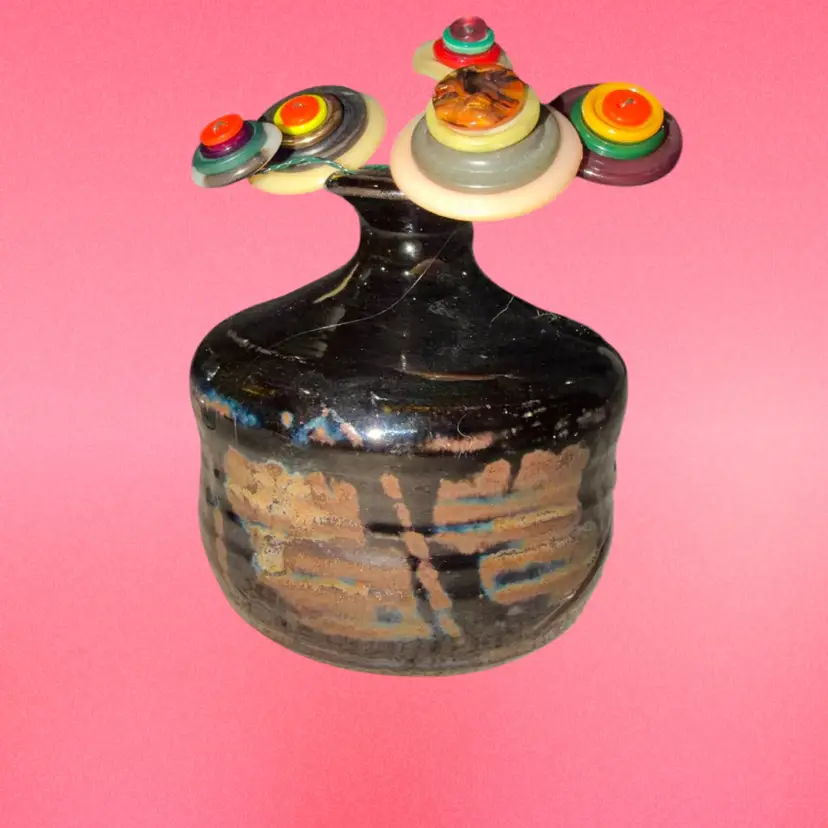 Unidentified Studio Pottery Likely Japanese Signed Black Drip Glazed Pottery Vase With 6 Button Flowers Made By Me