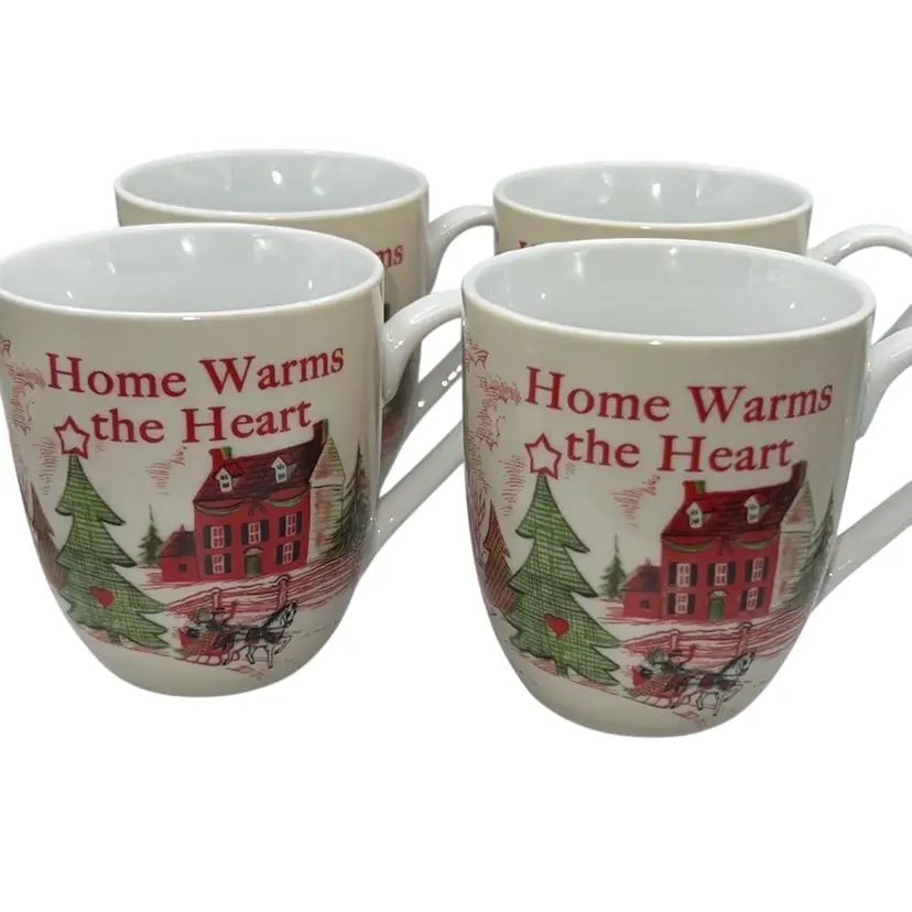 Fitz & Floyd Christmas Mugs “Home Warms The Heart” Set Of 4 (25% Off)