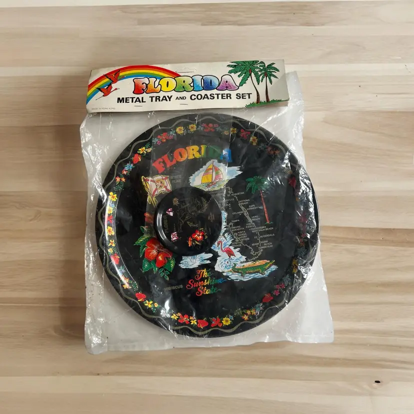 Vintage Florida 70’s Metal Tray and Coaster Set. Souvenir Litho Lithograph Serving Tray. New Original Package 11.5"
