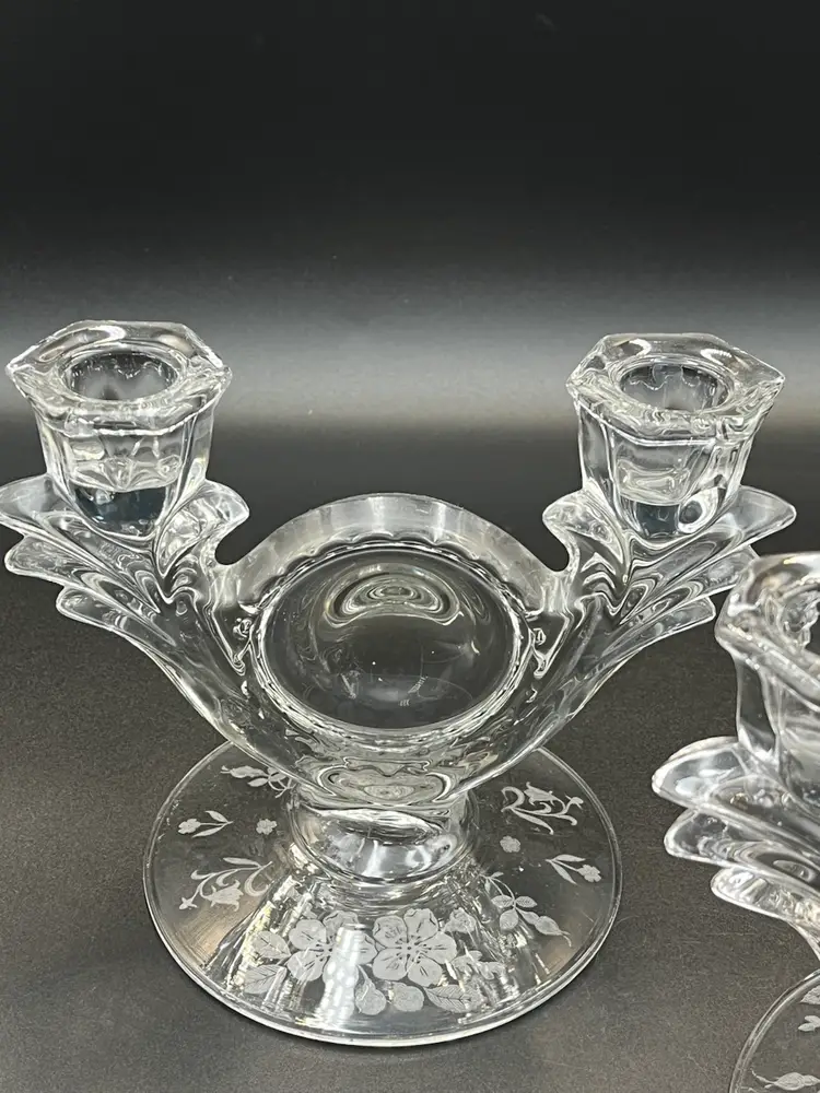 (2) Duncan Miller Clear Etched Double Candlestick Holders