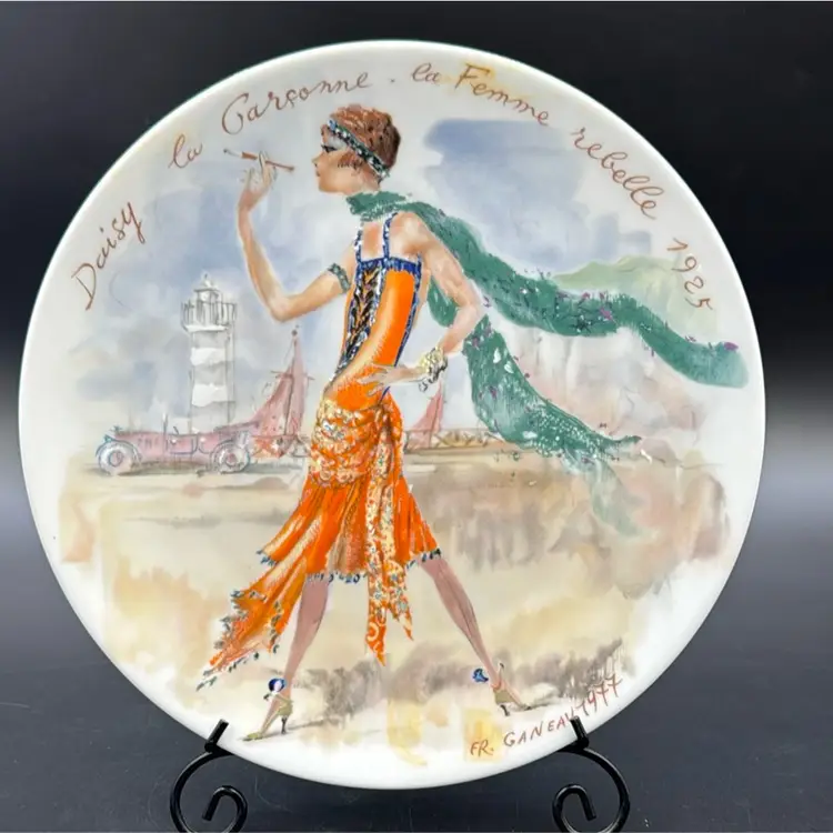 #01 Vintage Limoges Porcelain Orange Dress Flapper Girl plate