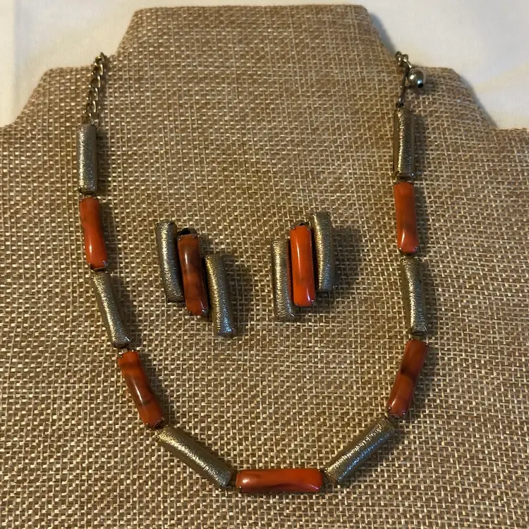 Vintage Gold and Orange Rectangle Plastic and Metal Choker and Clip Earring Set
