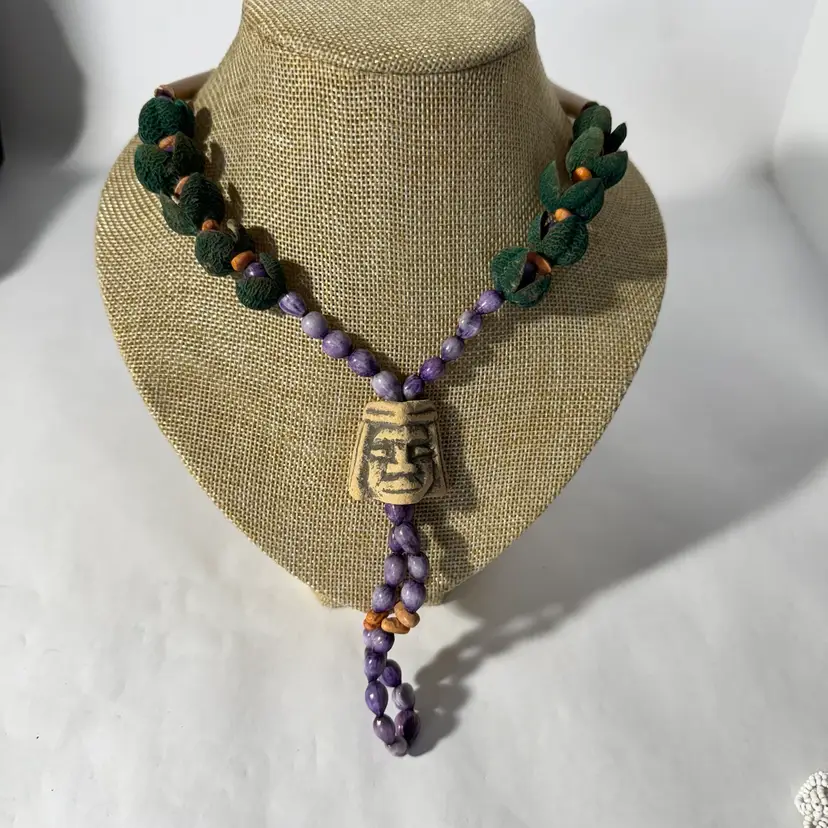 Boho Tribal Cultural Necklace Carved Stone Face Seeds 30” Long
